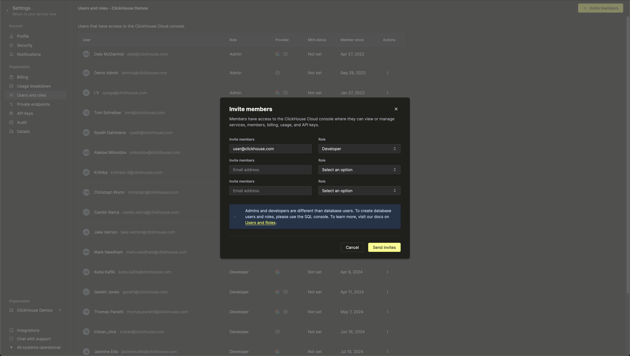 ClickHouse Cloud invite user page - Zoomed