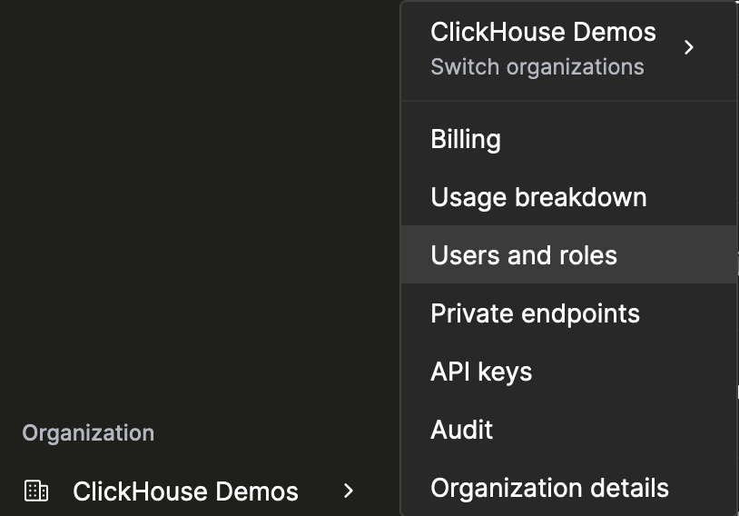 ClickHouse Cloud users and roles page - Zoomed